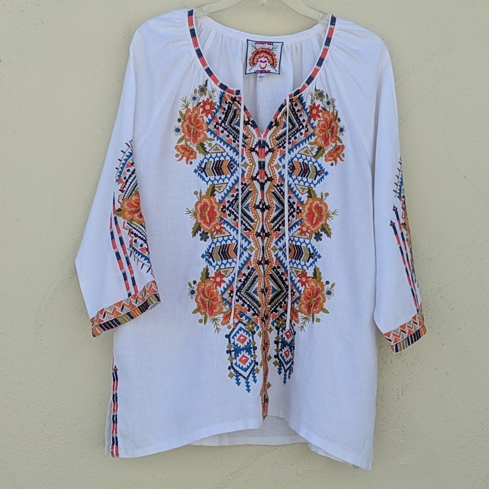 Johnny Was White Blouse with Orange Floral Embroidery - Picture 2 of 13